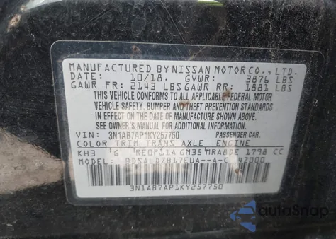 2019 Nissan Sentra Sv from USA, damaged, VIN 3N1AB7AP1KY257750